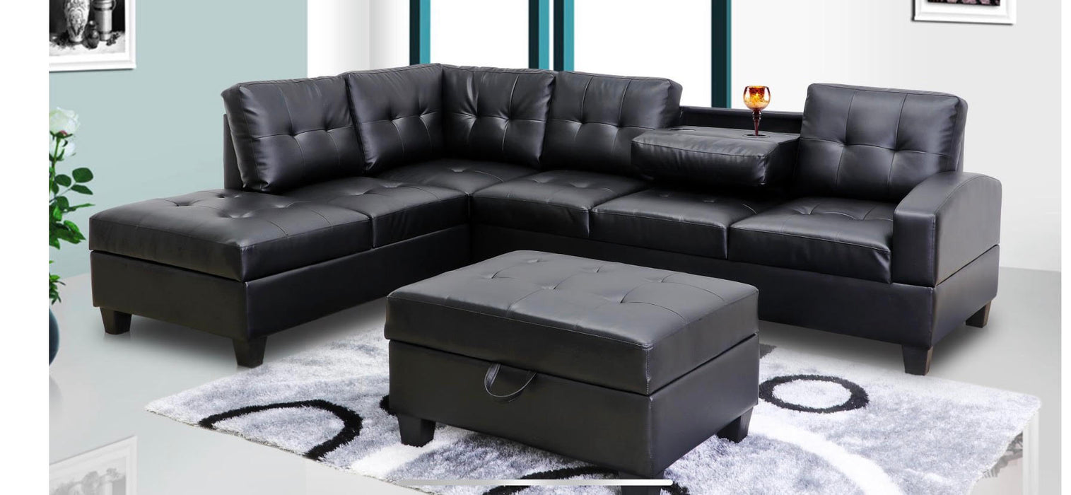 Black 2 piece leather sectional with cup holders